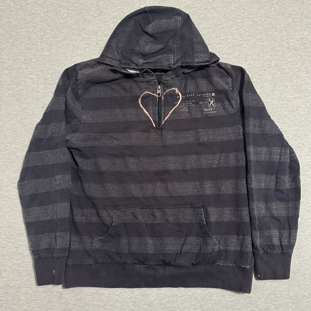 Marc Ecko Cut & Sew Mens Large Black Striped Quarter Zip Hoodie Heart Graphic